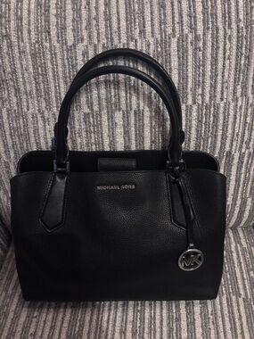 Michael Kors Kimberly Black Pebbled Leather Satchel with MK Charm